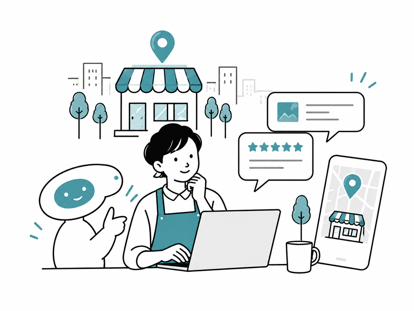 店舗オーナーがAIのサポートを受けながら、パソコンでお店の情報を発信するイラスト